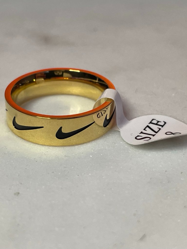 Nike Ring - Black Swoosh Pattern - Stainless Steel - Size 8 - Unisex - Y2k